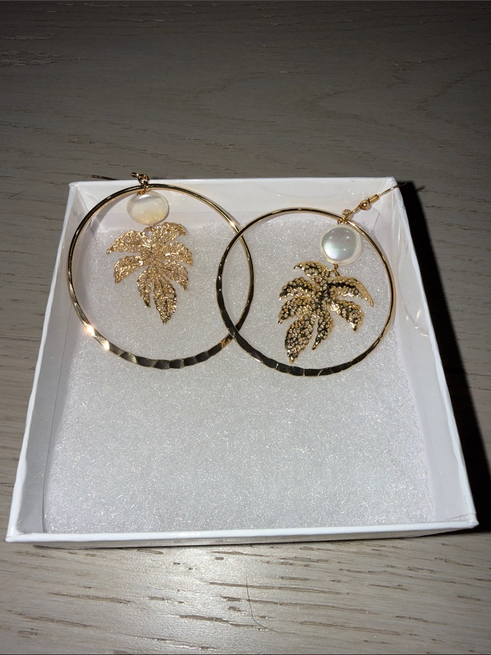 Gold Leaf Hoop Earrings with Pearl Accent